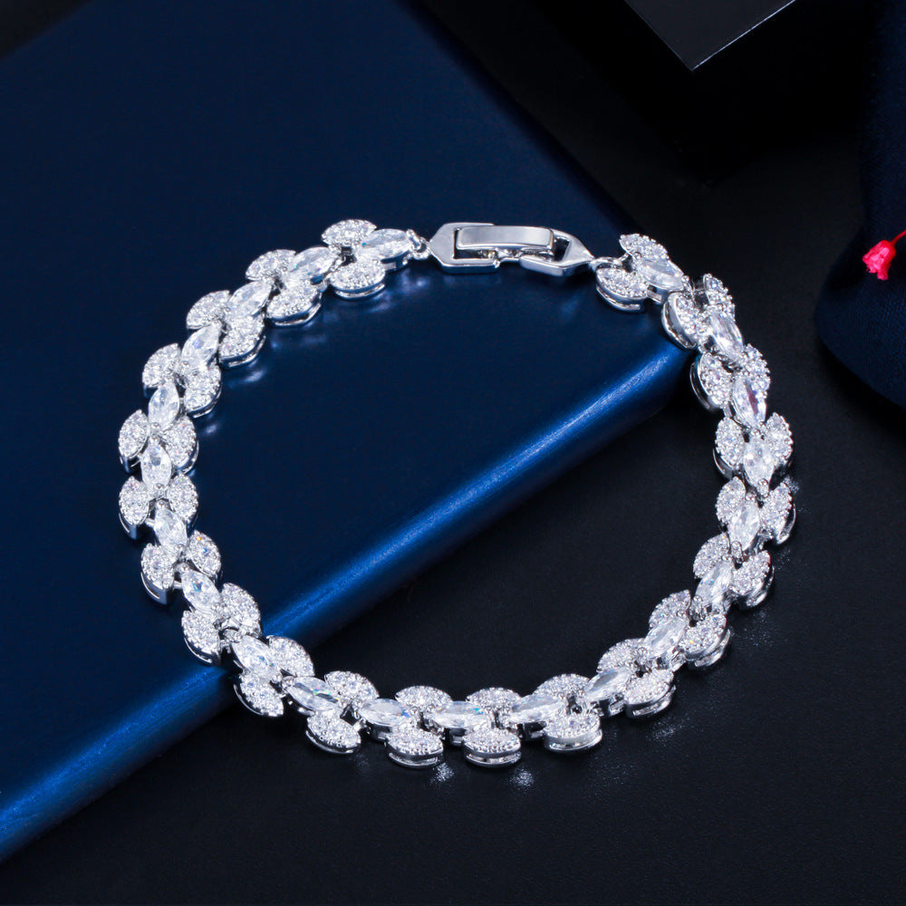 Best-selling Roman bracelet, chrome-plated white gold handcrafted jewelry double-row marquise-shaped zirconia and full-diamond handchain in Europe and America