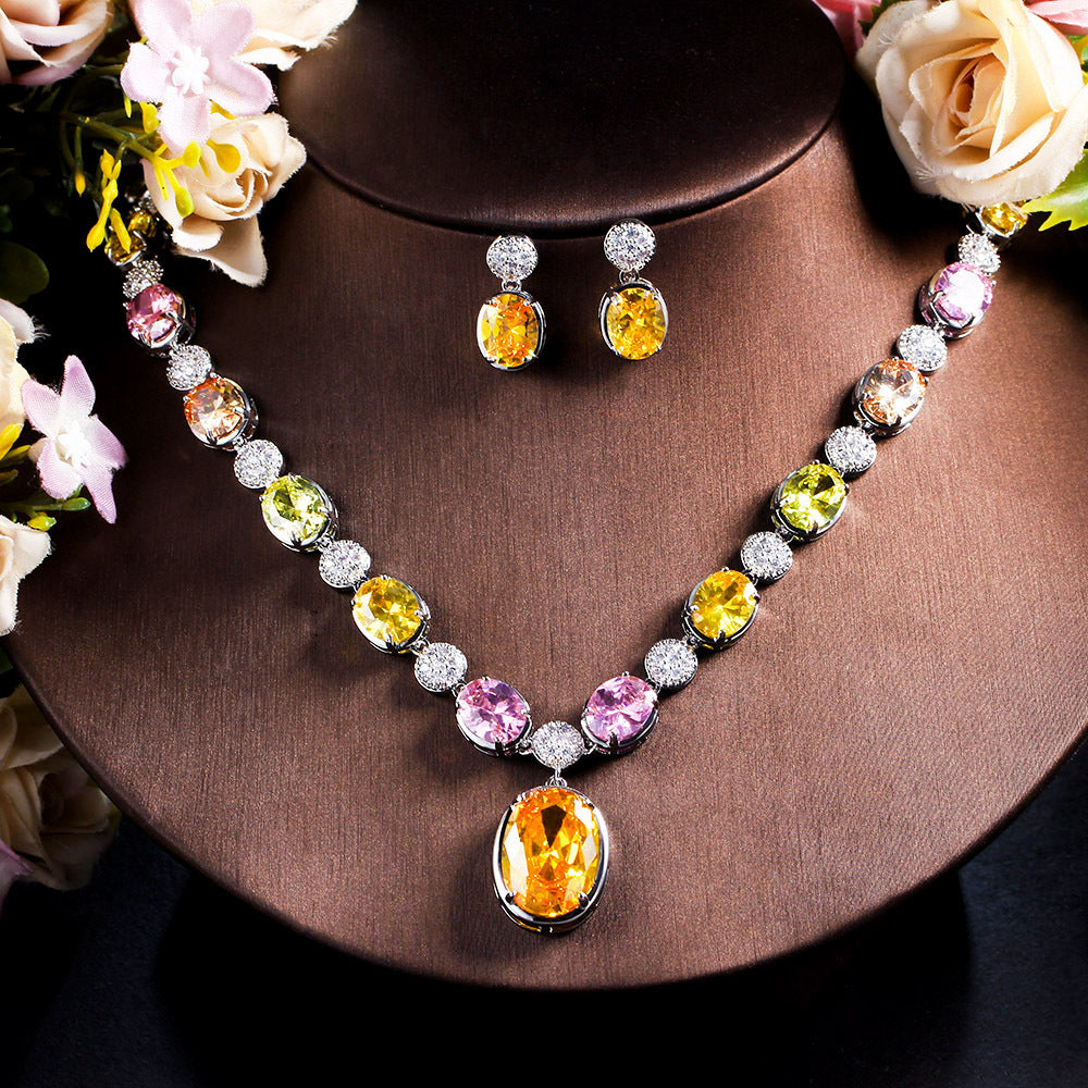 European and American ultra-fantastic retro-style colored zirconia necklace earrings and chain set bridal jewelry set of two pieces