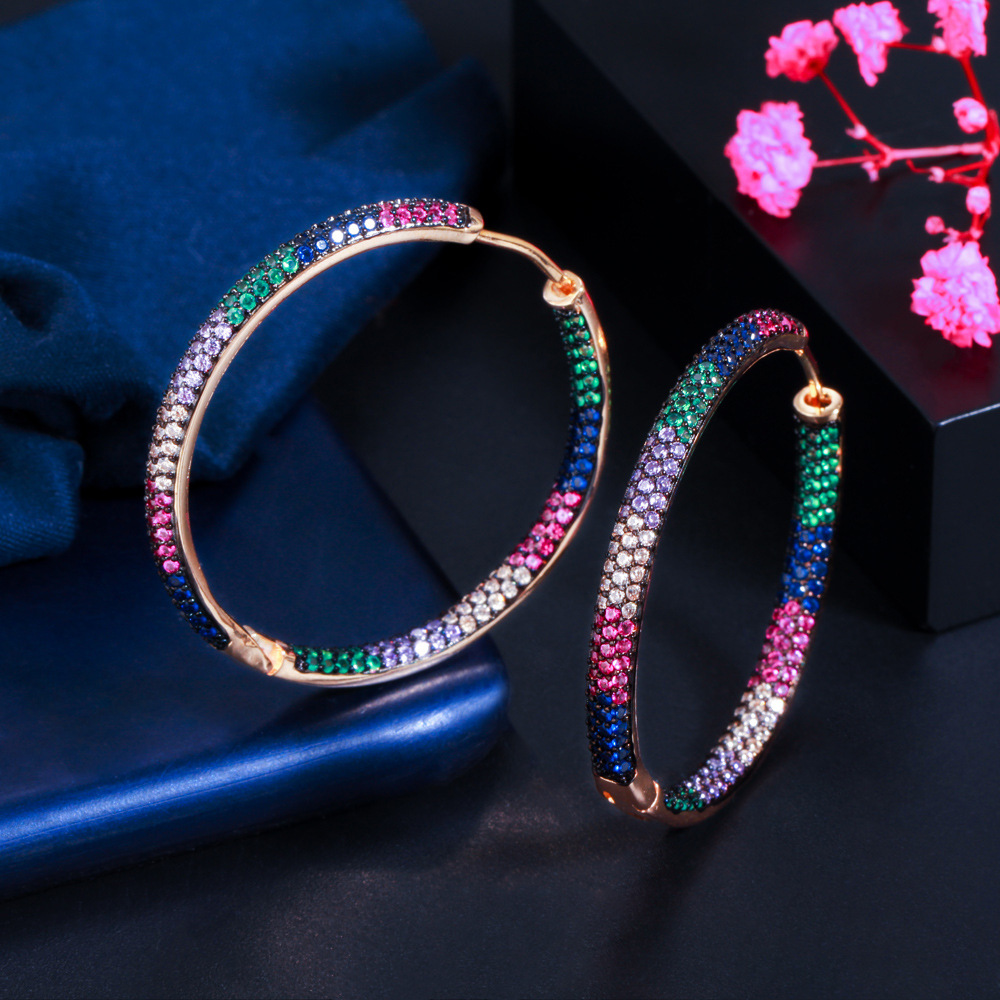 European and American popular jewelry - large earrings with micro-set colored zirconia gold and black gold electroplated ear stems elegant earrings
