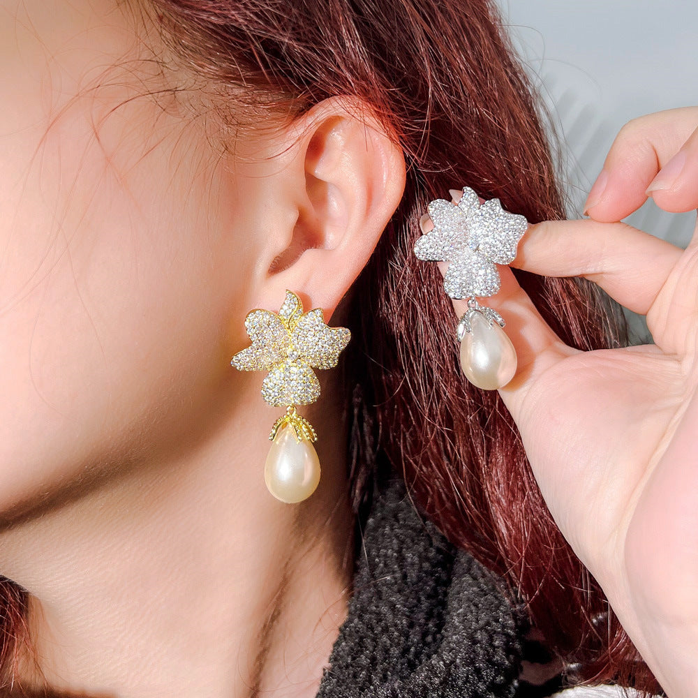 S925 silver jewelry - Korean Dongdaemun high-end style zircon flower-shaped pearl earrings - unique and exclusive ultra-bright earrings and stud earrings