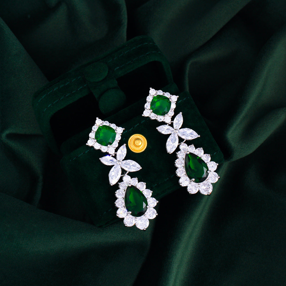 Fashion dazzling zircon earrings heavy-weight water-drop style luxury formal dress accessories emerald gemstone ear ornaments