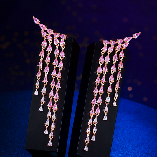 French-style minimalist long-style fringed pink diamond earrings for an ultra-bright zirconia evening gown fashion show zirconia ear pendants jewelry