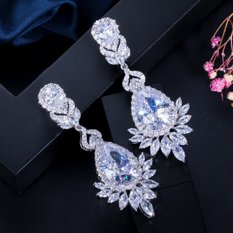 Korean version ultra-shiny micro-set AAA zirconia drop earrings earpiece