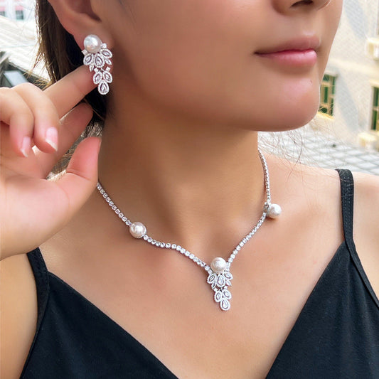 High-end pearl necklaces and earrings set - formal dress wedding banquet accessories necklace earrings chain set
