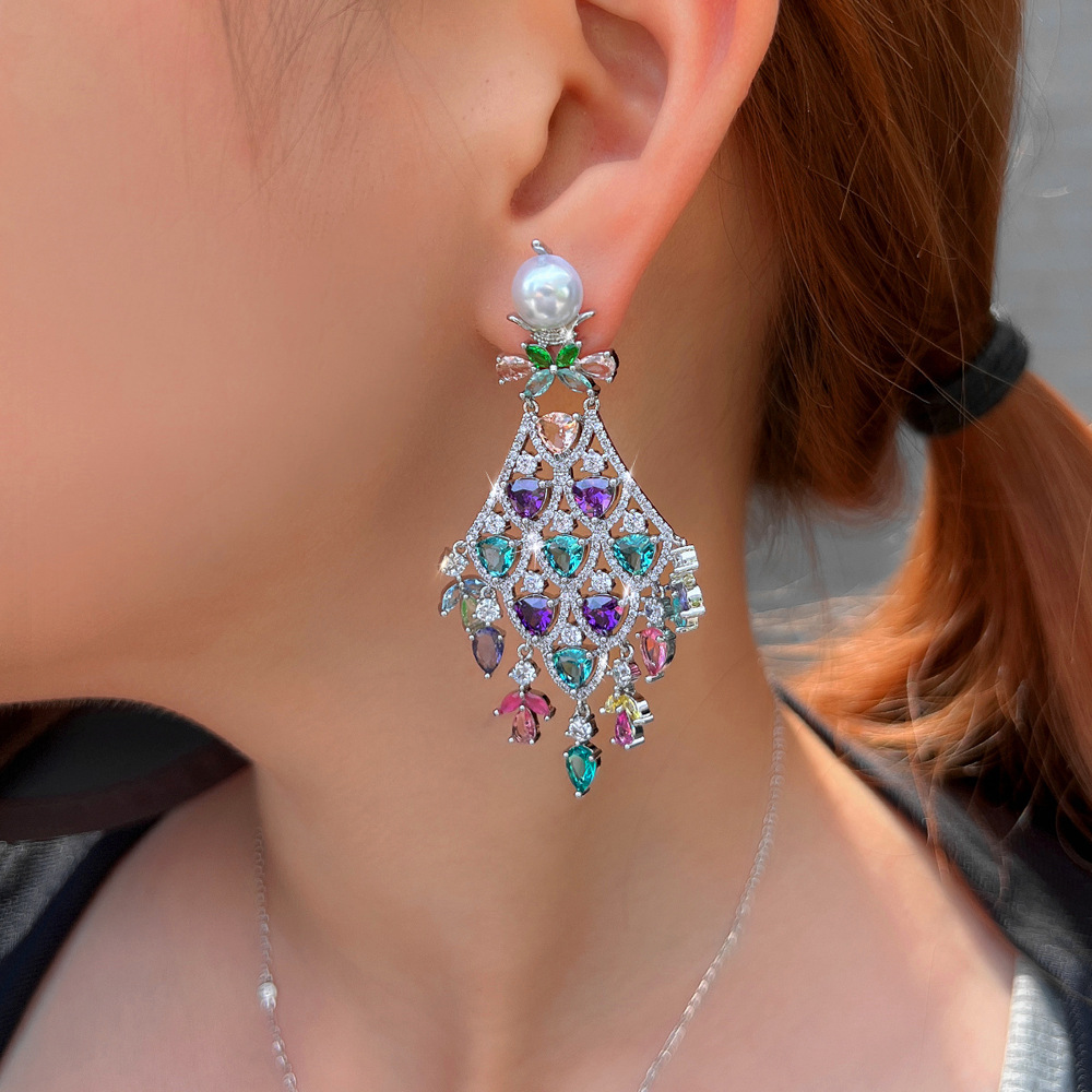 Fashionable luxury color zircon pendant earrings with fan-shaped fringes Long dress style 925 silver needle evening party earrings and accessories