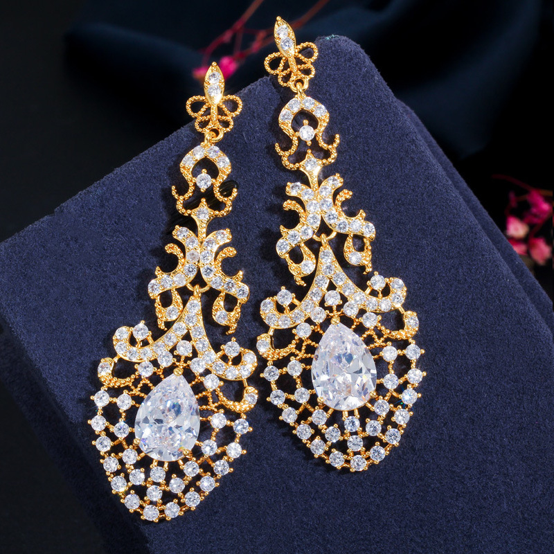 Hot-selling exaggerated earrings S925 fashionable zircon waterdrop long-style hollow earrings for brides
