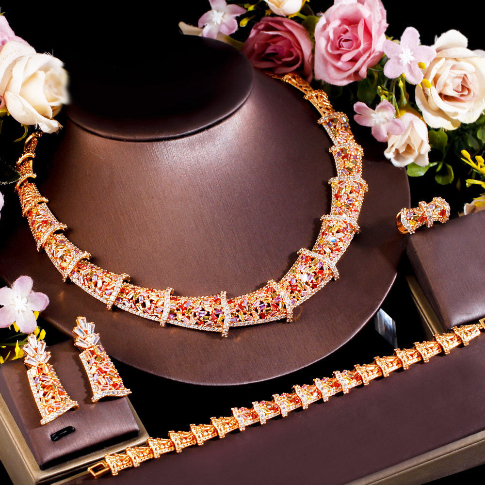 European and American fashion colored zircon jewelry set - including a wedding dress chain wedding dress evening gown necklace earrings ring bracelet and anklet set