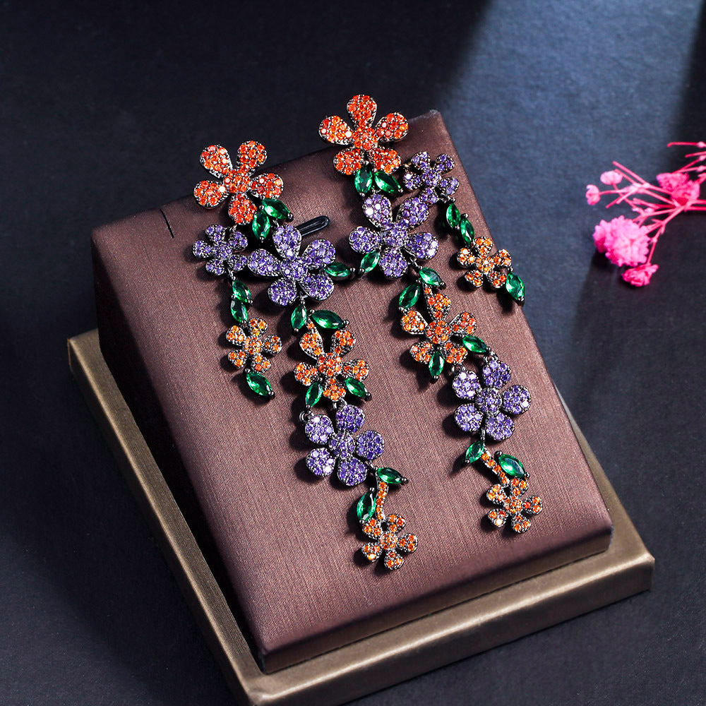 S925 silver needle high-end lady-style flower petal long-style earrings with heavy-weight colored tassels as ear jewelry