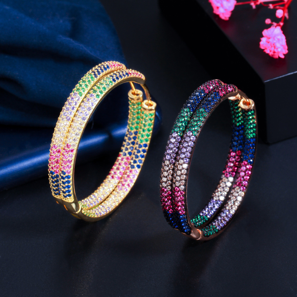 European and American popular jewelry - large earrings with micro-set colored zirconia gold and black gold electroplated ear stems elegant earrings