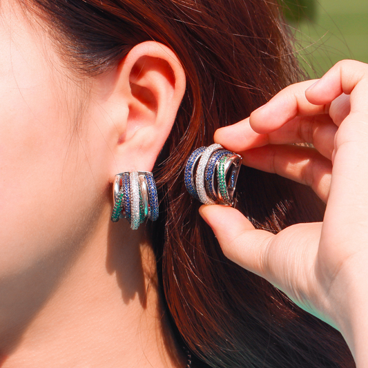 Best-selling earrings - three-color electroplated with tiny-set zirconia - eye-catching earrings with ear clasps