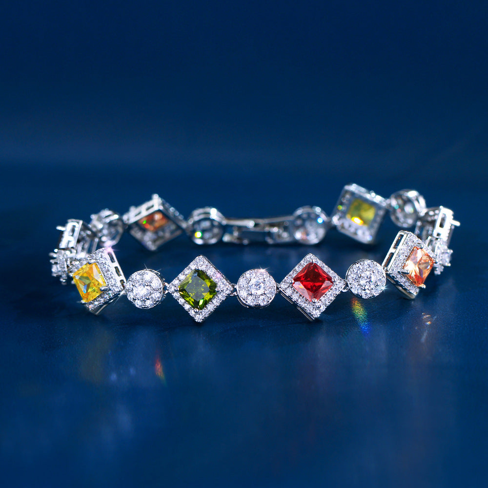 Luxury-luxurious French niche design sugar cube with colorful gemstones geometric-shaped hand chain fashionable and elegant high-end zircon jewelry accessory