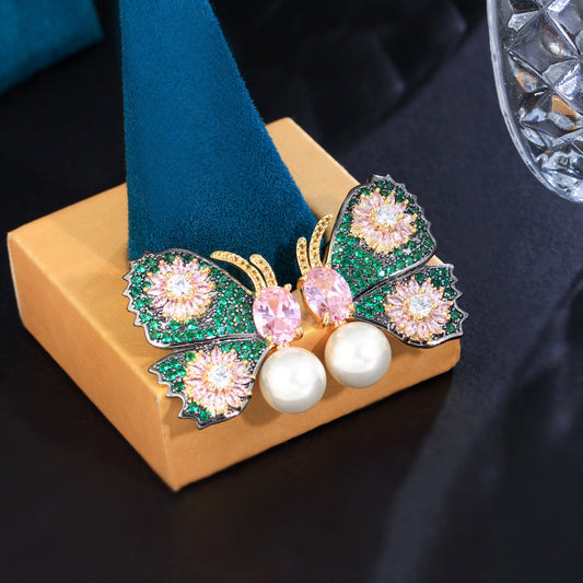 Dazzling fashionable luxurious full of diamonds colorful butterfly pearl earrings with micro-set zircon stones gold-plated copper ear jewelry ear pendants