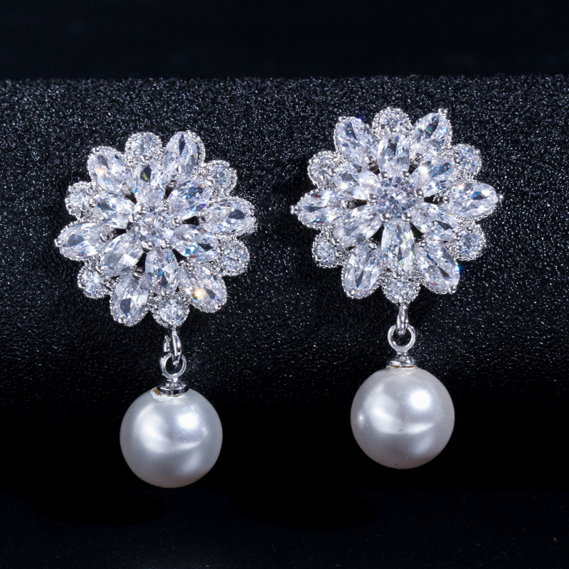 European-style bridal earrings - pearl with tiny inlaid zirconia combination earrings