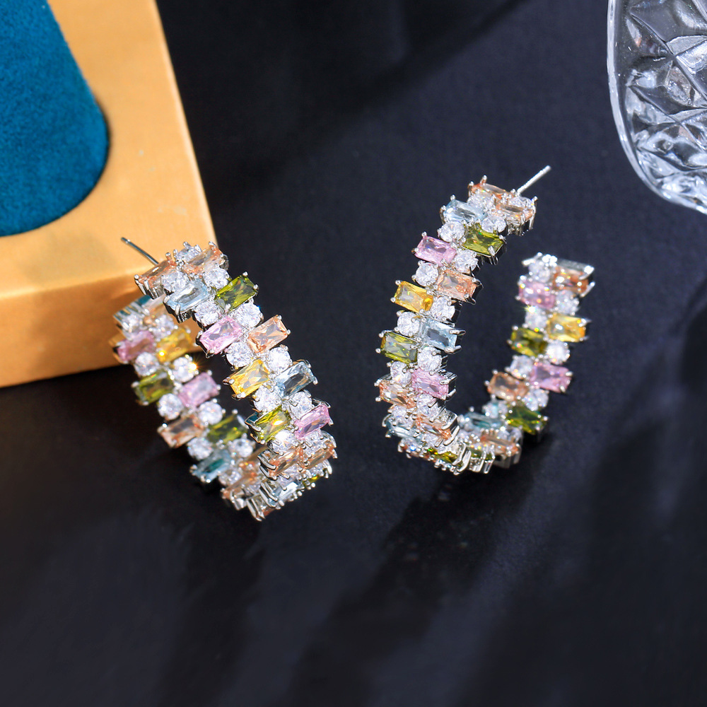 S925 silver needle heavy industry color C-ring earrings elegant candy-shaped square zirconia irregular colored diamonds small earrings that enhance facial appearance