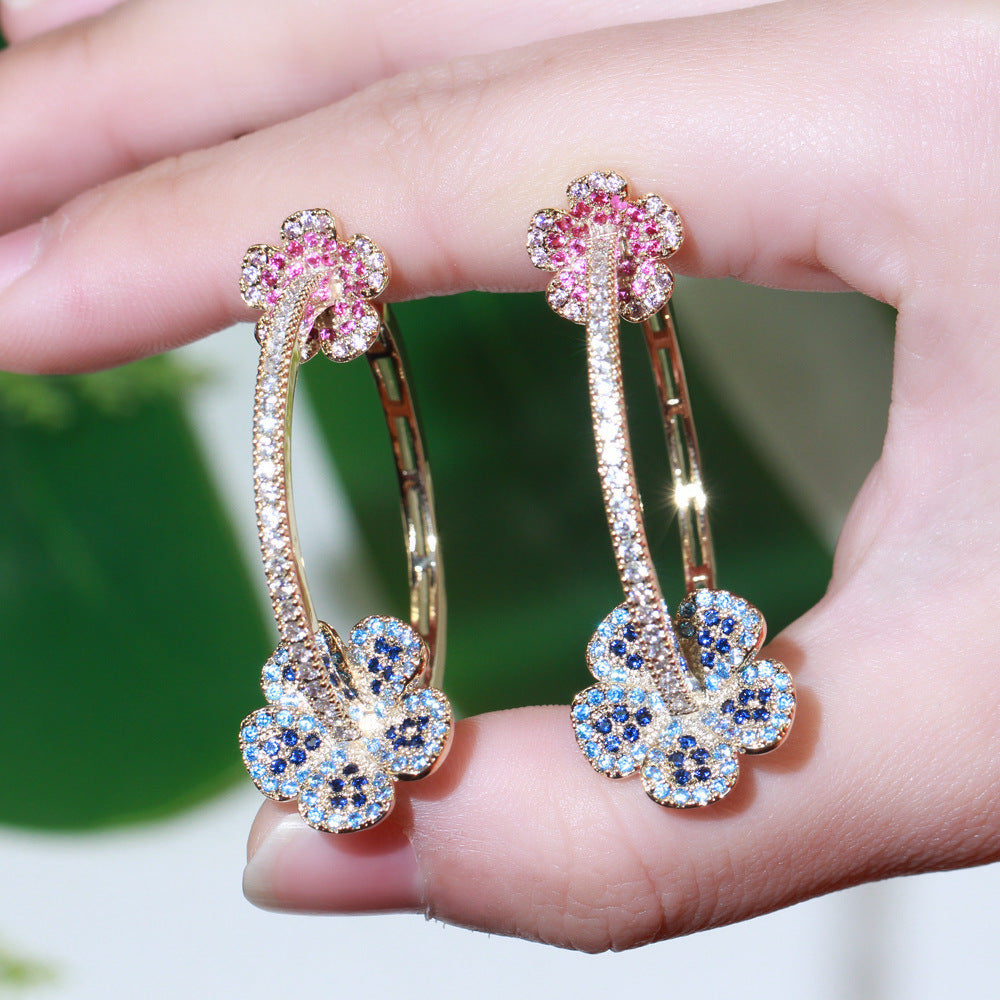 2021 New Model European Heavy Industry Flower Earring Set - Gold-plated with Yellow Brass and Precious Zirconia Inlay - Ear Ring for Women - Located in Dongdaemun South Korea