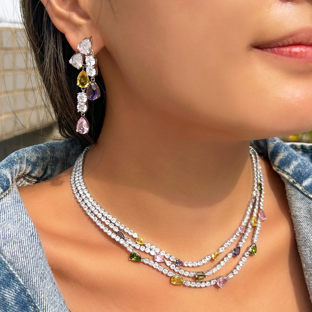French-style minimalist luxury diamond evening dress necklace with multiple layers of diamond drop collar chain earrings and chain bracelet set