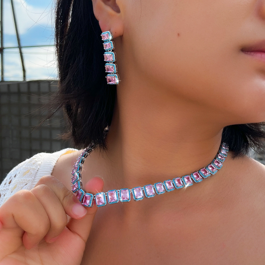 French-style luxurious jewelry necklace earrings set - Pink zirconia ultra-bright evening gown wedding dress bridal accessory chain set