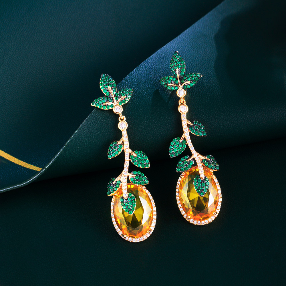 European vintage heavy-duty yellow gemstone green leaf exaggerated long-style earrings unique royal-style earrings