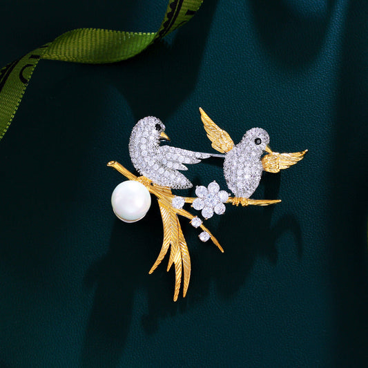 Korean version of luxury light-style double auspicious crows goldfinch gold-plated designer lady's style corsage for formal dress accessories pin and brooch