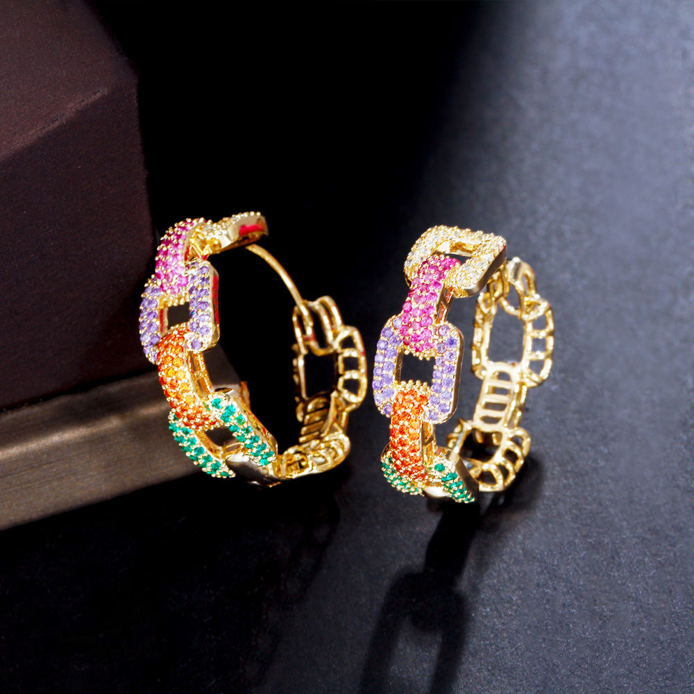 French-style rainbow hoop earrings with colorful zirconia stones small red book Douyin influencer gradient color chain ear ring accessory