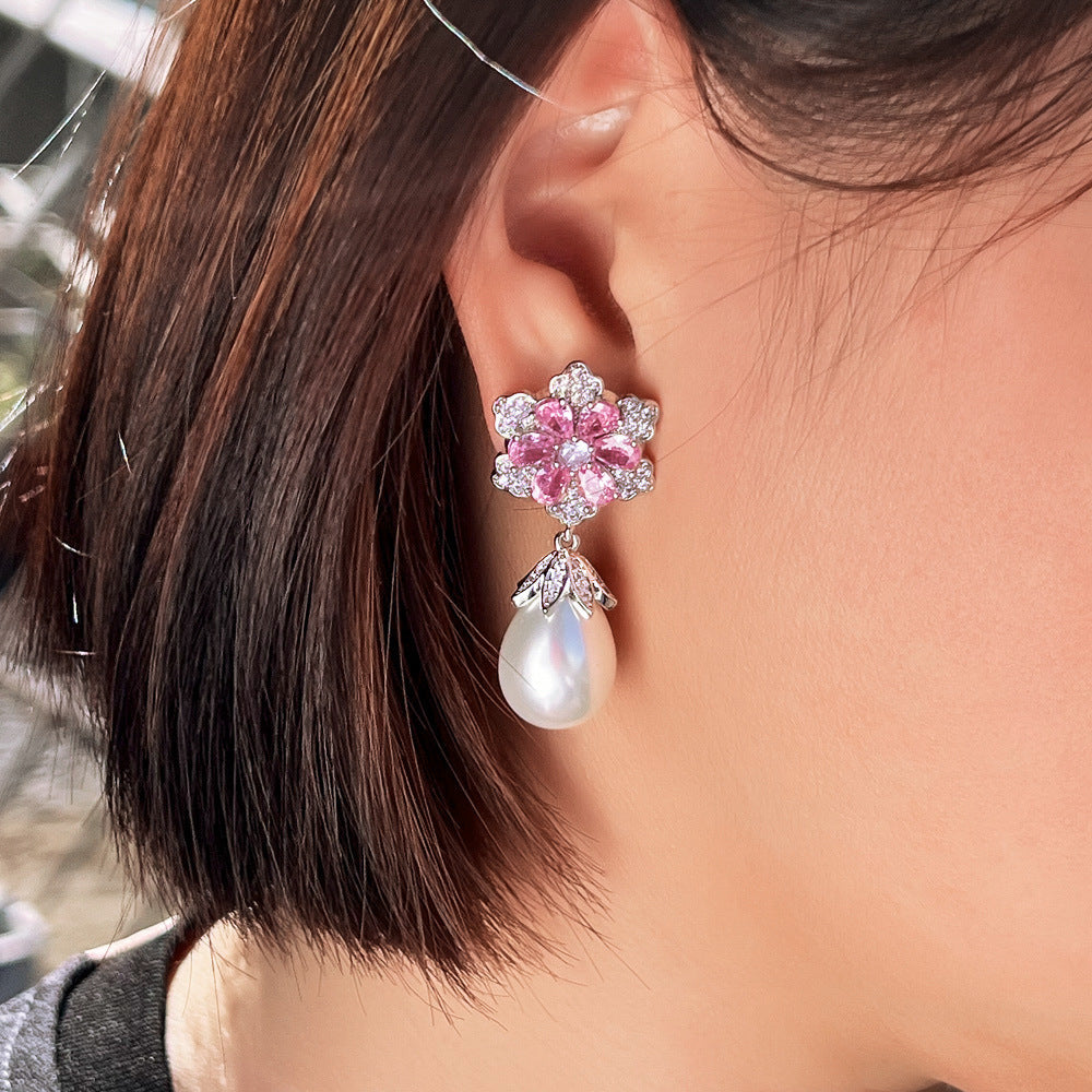 Japanese and Korean light luxury micro-set floral cherry blossom pearl earrings princess pink diamond teardrop-shaped pearl drop earrings ear accessories set