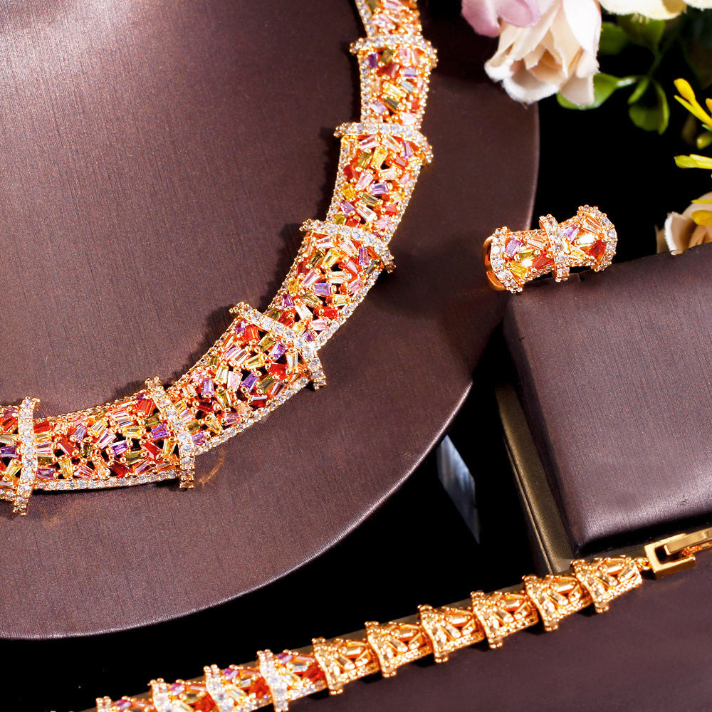European and American fashion colored zircon jewelry set - including a wedding dress chain wedding dress evening gown necklace earrings ring bracelet and anklet set