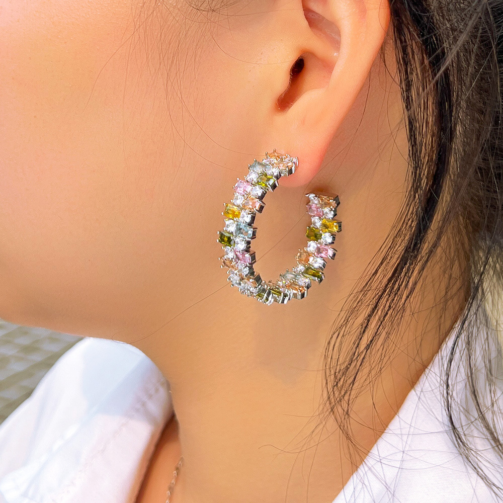 S925 silver needle heavy industry color C-ring earrings elegant candy-shaped square zirconia irregular colored diamonds small earrings that enhance facial appearance