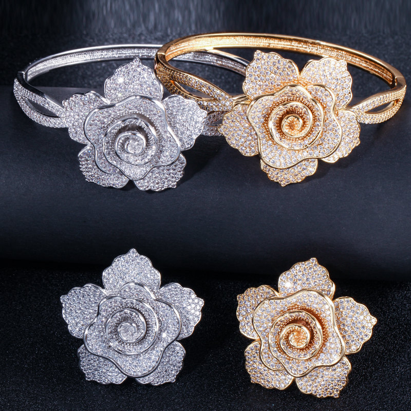 European and American fashion-inspired rose flower hand chain and ring set with full-set of zirconia jewelry