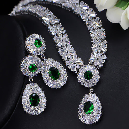 Bride's banquet set - Pure handcrafted copper necklace set with AAA quality zirconia stones - Simple and elegant style