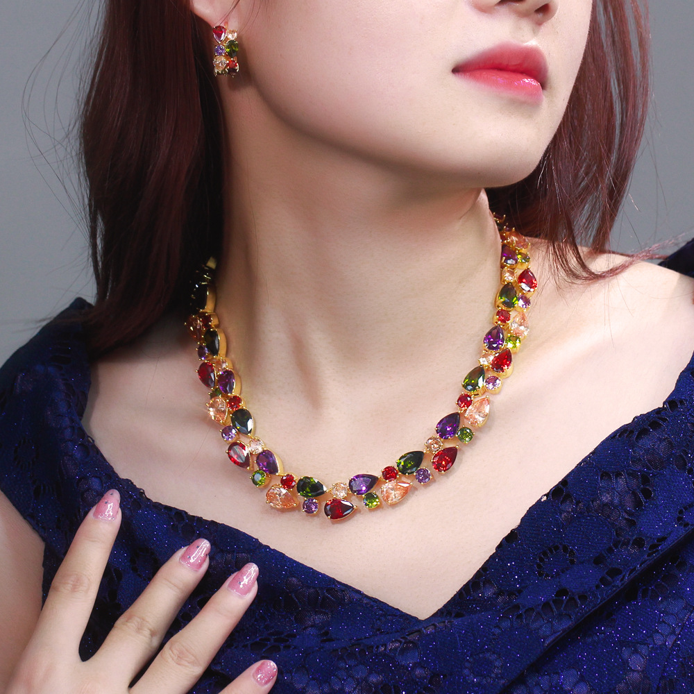 European and American luxurious zircon water-drop Mona Lisa necklace set for formal event dress colorful water-drop earrings and necklace set