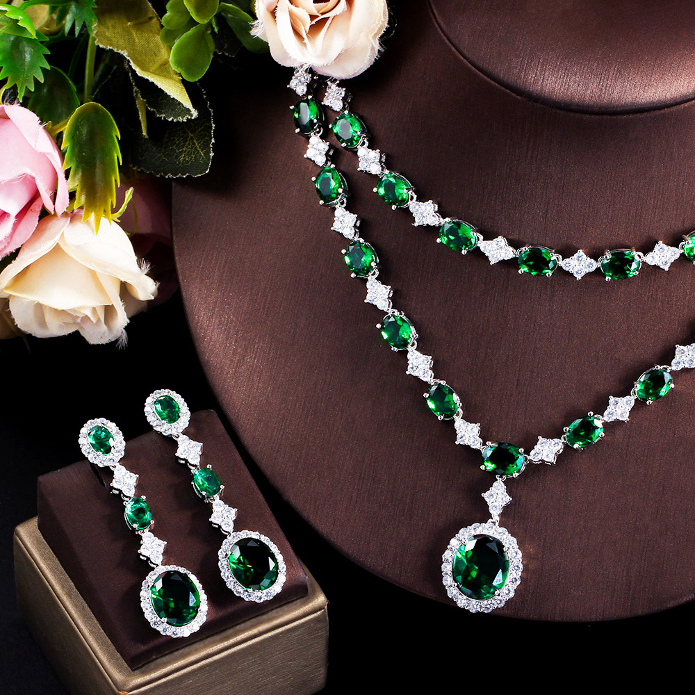 Heavy Industry Design Emerald Gemstone Necklace Earrings Ring Bracelet Set with Precious Zirconia - Bridal Wedding Dress Accessories