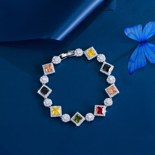 Luxury-luxurious French niche design sugar cube with colorful gemstones geometric-shaped hand chain fashionable and elegant high-end zircon jewelry accessory
