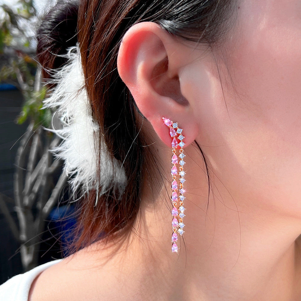 S925 silver thread fresh and sweet fairy-style powder diamond long dangling earrings with ultra-shiny full-zirconia and versatile ear pendants