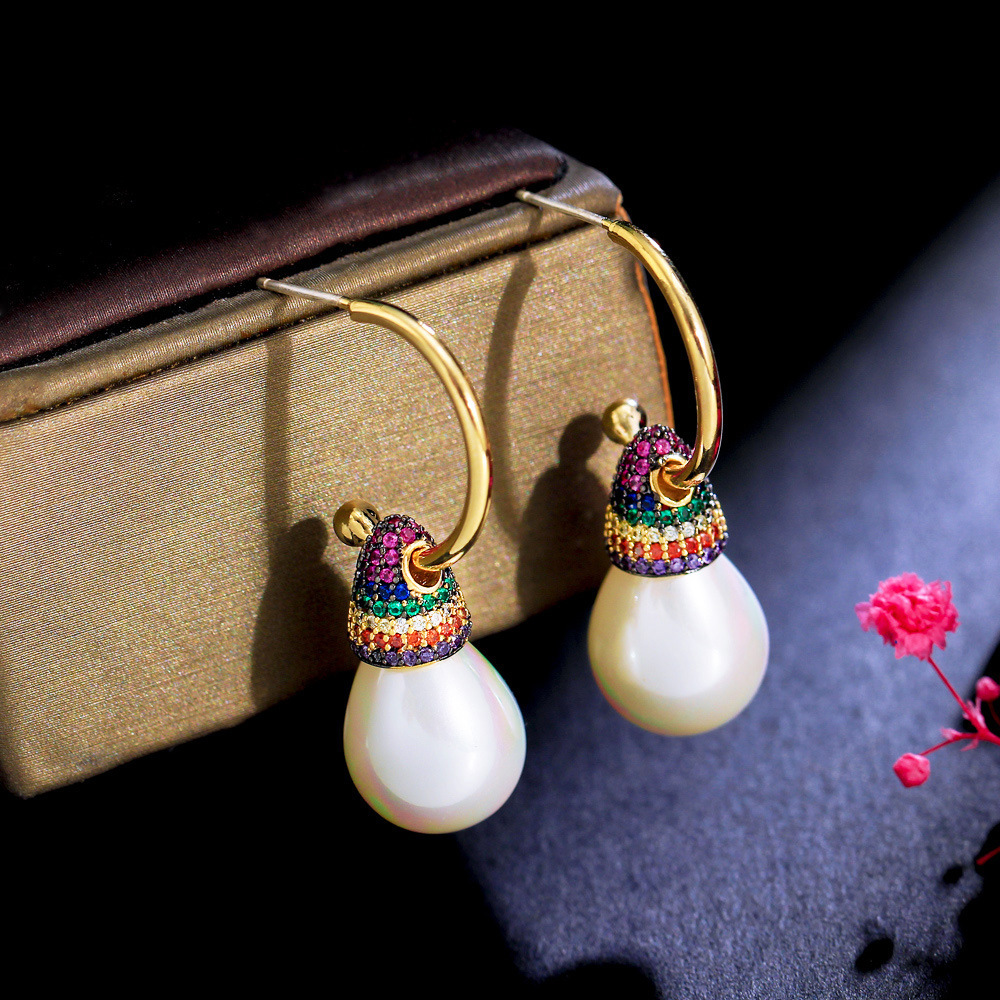 S925 silver jewelry trendy online celebrity rainbow earrings in retro court style with heavy-colored zirconia small skirt-shaped earrings with ear hooks
