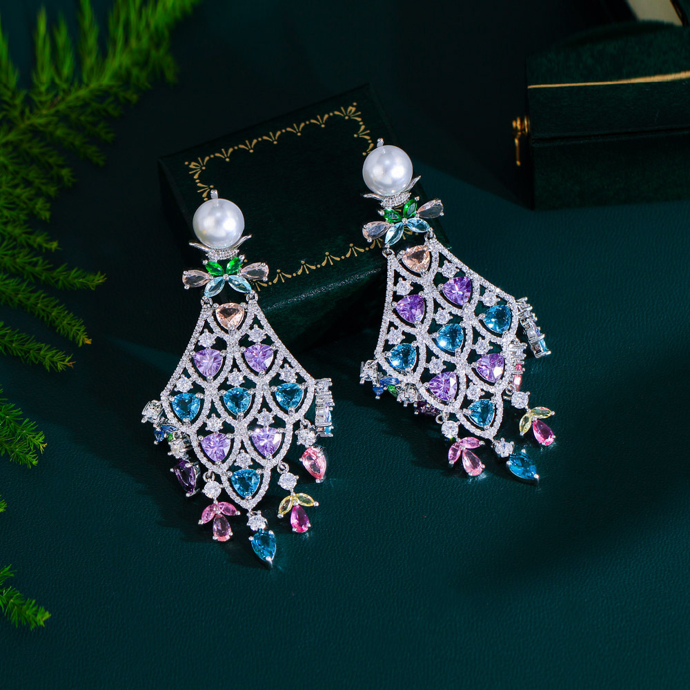 Fashionable luxury color zircon pendant earrings with fan-shaped fringes Long dress style 925 silver needle evening party earrings and accessories