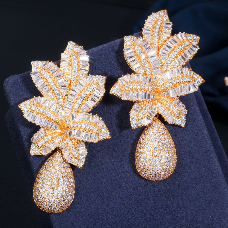 S925 silver needle European-style atmospheric trapezoid zirconium tri-color electroplated earrings tropical pineapple large earrings