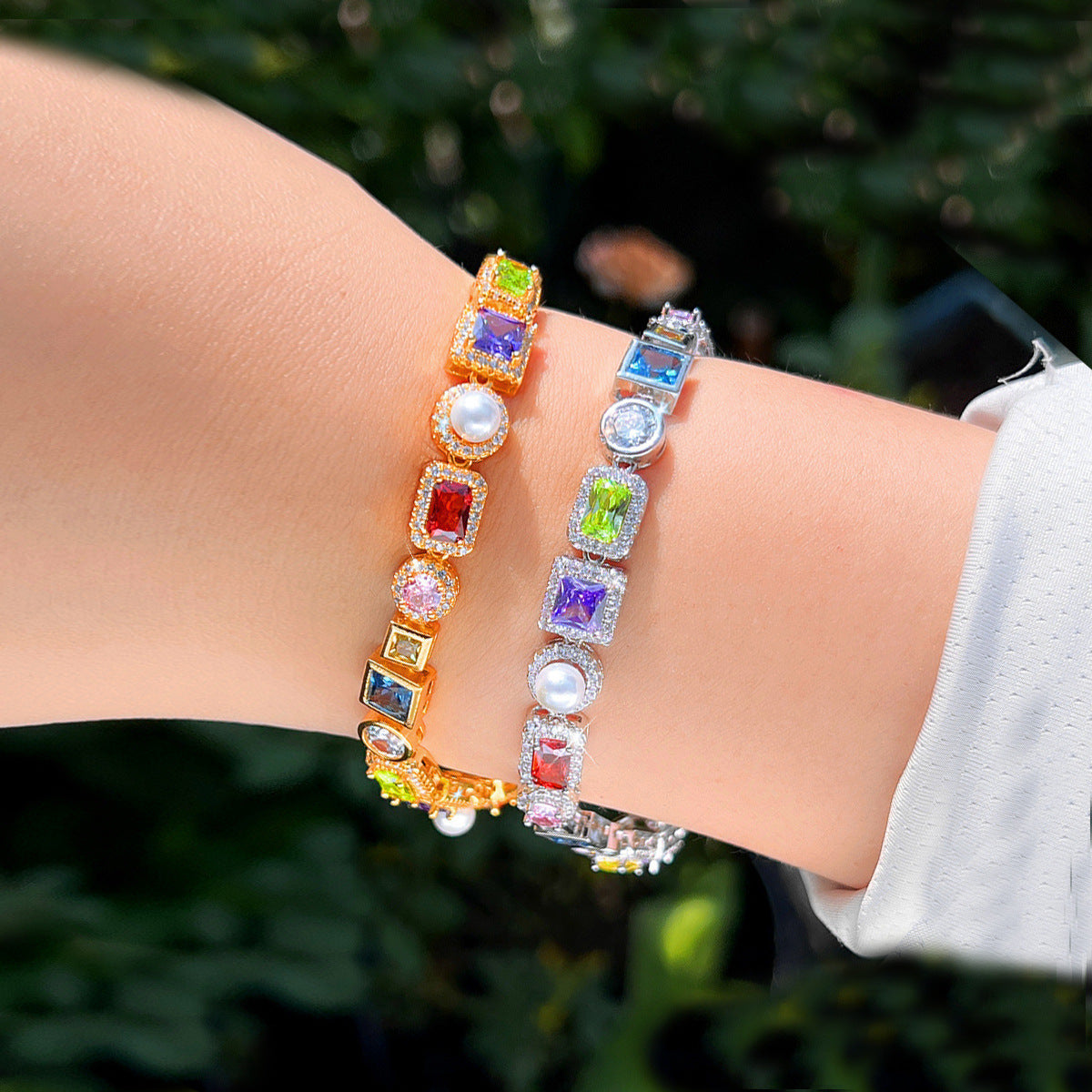 European and American high-end casual colored zirconia bracelethip-hop stylemen's and women's versiontrendy shell and pearl inlaid with diamonds rainbow style jewelry accessory