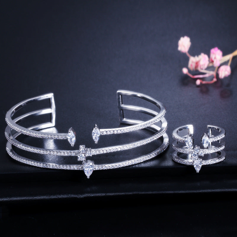 Best-selling three-row micro-set zirconia open bracelet ring, eco-friendly copper electroplated 18K gold