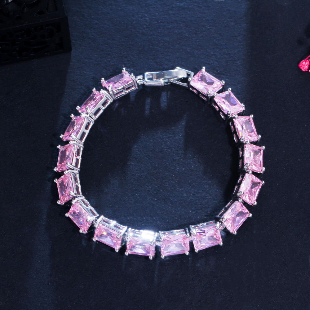European and American rectangular-shaped zirconia bracelets with multiple colors available. Simple and fashionable gemstone jewelry for women as a gift