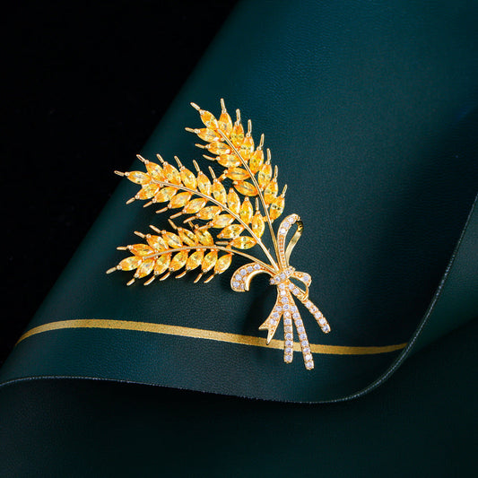 Korean fashion luxury gold-filled diamond-studded wheat ear brooch for formal dress coat overcoat jacket accessory corsage zircon pin