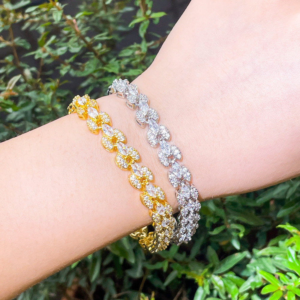 Best-selling Roman bracelet, chrome-plated white gold handcrafted jewelry double-row marquise-shaped zirconia and full-diamond handchain in Europe and America