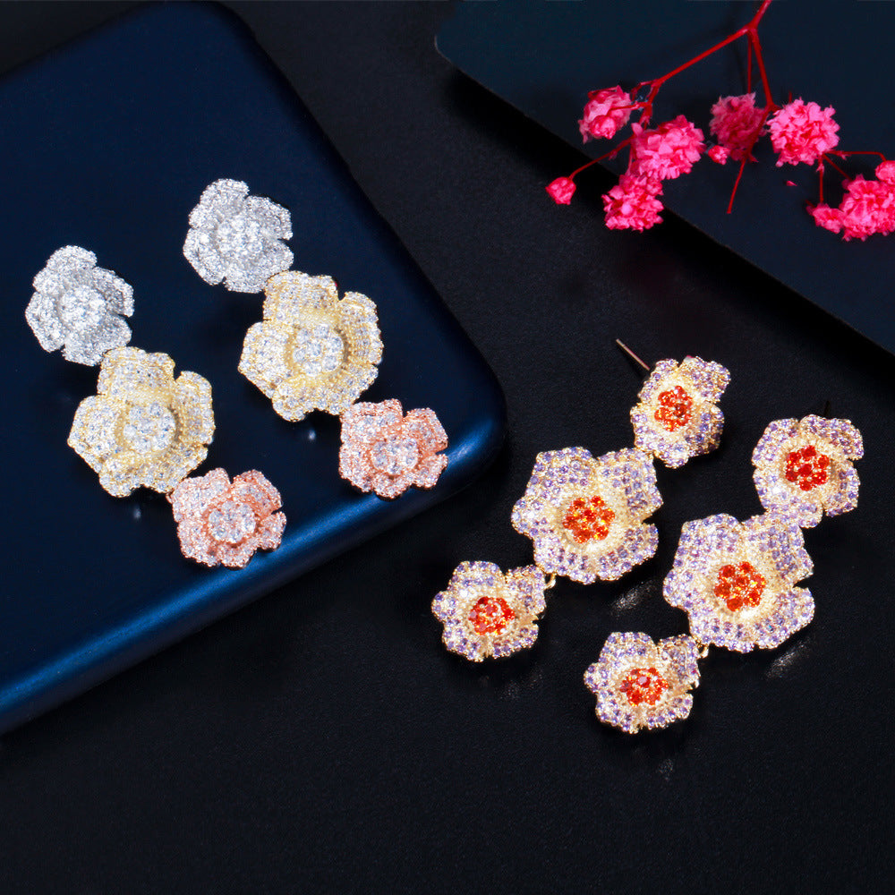 Korean style fashionable zircon long-stemmed three-dimensional flower S925 silver stud earrings in three colors - rose flower earrings accessory