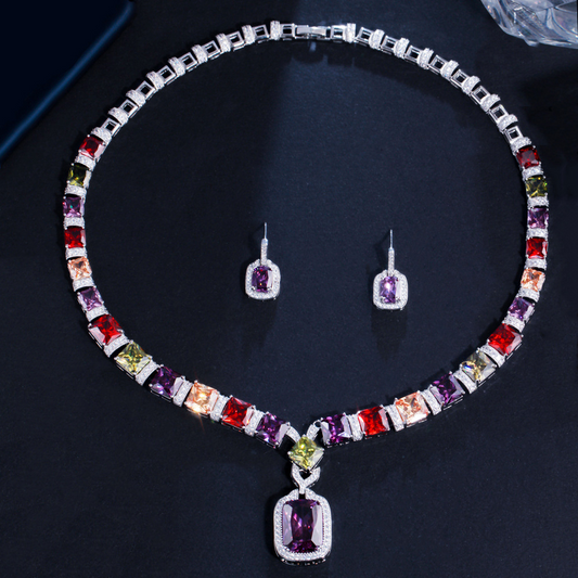 European and American bride's color zircon necklace and earrings set - two pieces. Wedding dress accessory that suits any occasion Elegant ear studs for banquets. Set chain