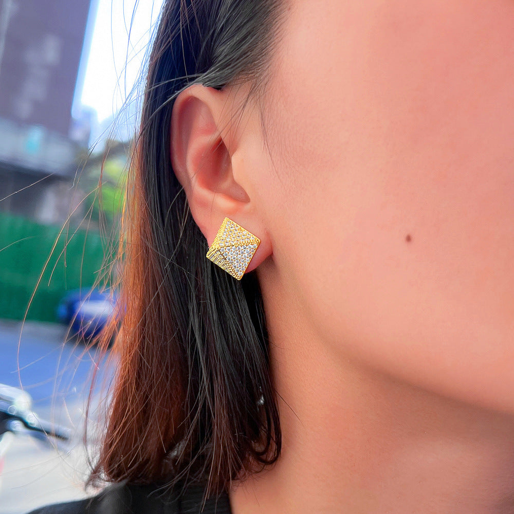 S925 silver needle small-scale design micro-set full-diamond pyramid earrings star-shaped square zirconia ear accessories