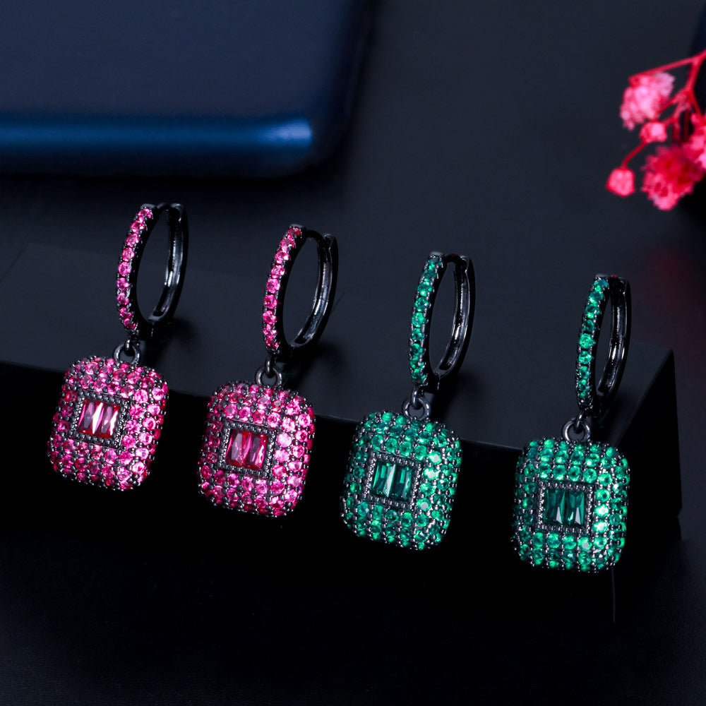 European and American popular square emerald gemstone micro-set zirconia earrings featuring a fashionable elliptical-shaped ear hook as the earpiece accessory