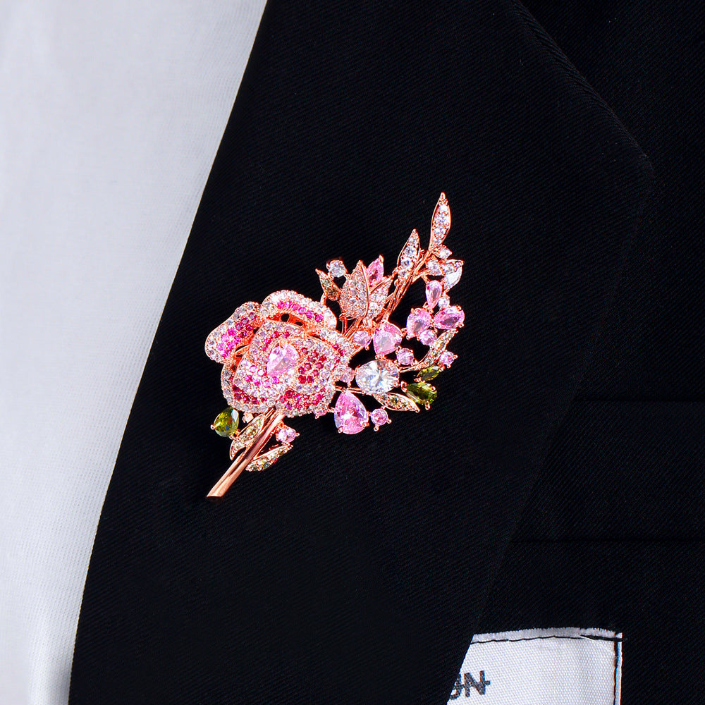 Korean luxury casual pink zirconium rose bouquet brooch brooch with tiny zirconium gemstones zirconium flower pin for evening dress accessories