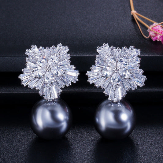 Snowflake Zirconia Beaded Earrings - Korean-style Stud Earrings with Shell Pearl for Weddings and Formal Events