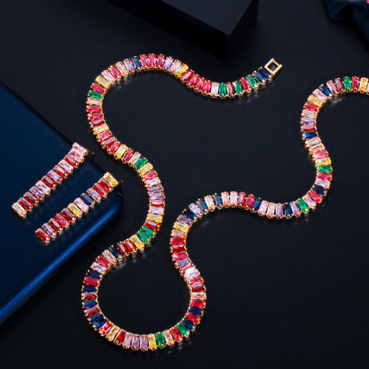 European and American full-cut diamond simple rainbow-colored zircon necklace fashionable evening party necklace earrings set