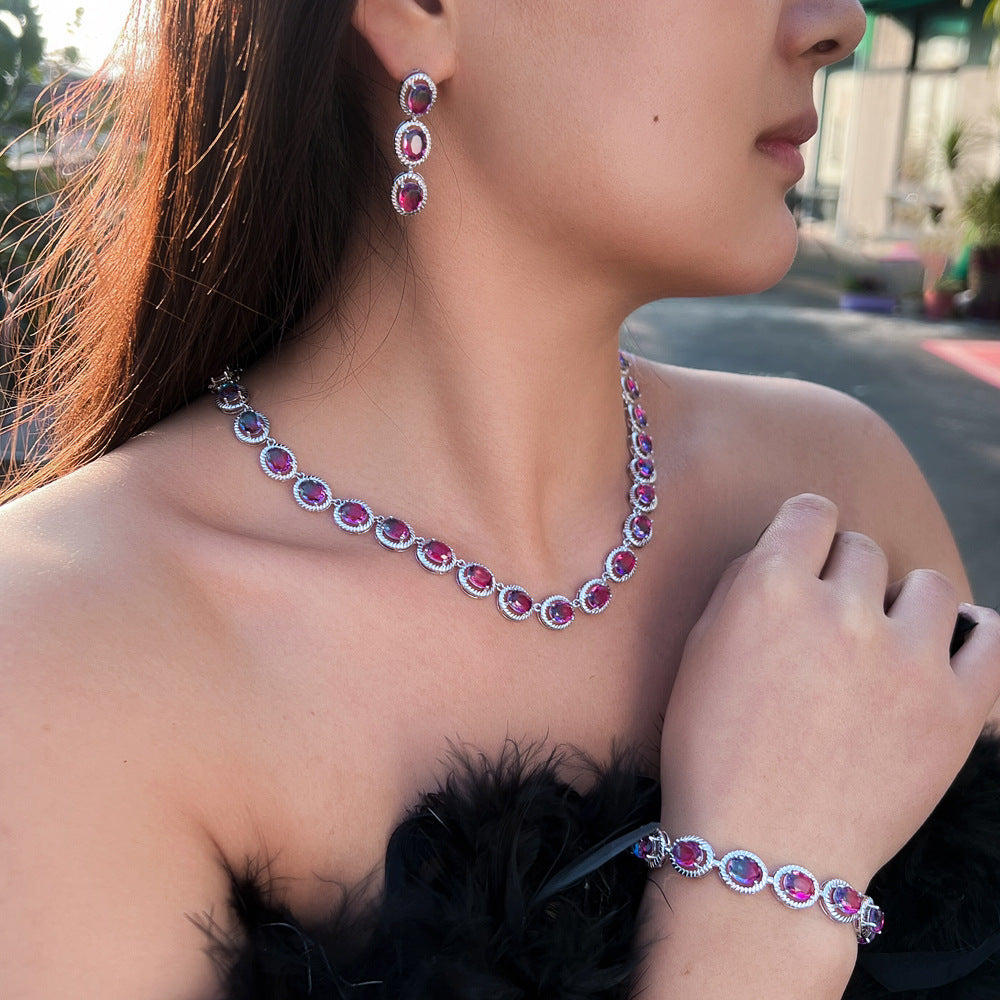 European and American necklace, earrings and bracelet with zirconium stones - bridal wedding dress high-end jewelry elegant set - three-piece suit for formal evening wear