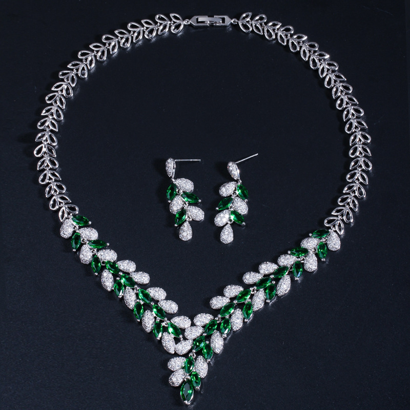 High-end zirconia two-piece bridal banquet earrings and necklace set accessory